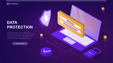 Poster - personal data security concept. digital system for protecting information on device with closed lock