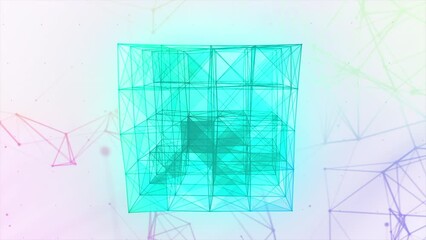 Poster - Artificial intelligence creating blue gradient plexus cubic 3D figure. Motion. Glowing beautiful transforming cube, scientific background.