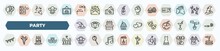 Set Of 40 Thin Line Party Icons. Outline Icons Such As Three Ornamental Balloons, Mustache With Glasses, Two Muffins, Wizard Hat On Head, Theatre Masks, Party Flags, Cake With Three Candles, Clown