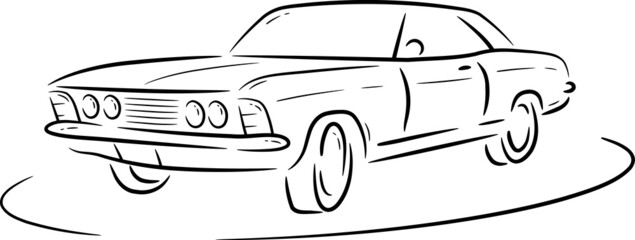 Simple vector sketch of an old sports car. Fast car made of black lines on a white background.