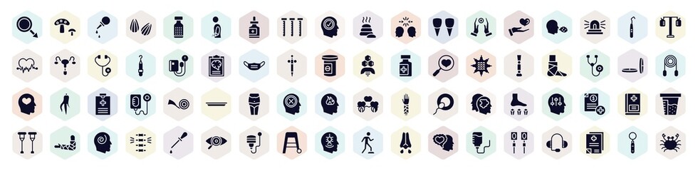 Wall Mural - allergies filled icons set. glyph icons such as masculine, pear enema, sample tube, reiki, sphygmomanometer, broken leg, belly, vademecum, phobia icon.