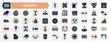Car Parts Filled Icons Set. Glyph Icons Such As Car Silencer, Car Ammeter, Rear-view Mirror, Distributor Cap, Carburettor, Indicator, Axle, Tyre, Trim, Piston Icon.