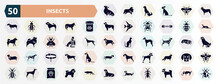 Insects Filled Icons Set. Glyph Icons Such As Corgi, French Bulldog, Pet Food, Madagascan, Hughing Dog, Beagle, Pet Collar, Chinese Crested, Doberman, Dog Lying Icon.
