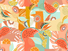 Pattern Of A Tropical Artwork, With Multicolored Hand Drawn Fruits And Leaves And Funny Patchwork Background.