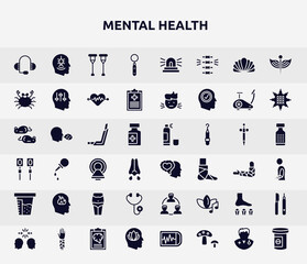 Wall Mural - mental health filled icons set. glyph icons such as medical support, mouth mirror, seafood, inhalator, feelings, emotions, diage, mineral therapy, peace of mind icon.