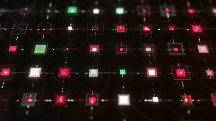 Poster - Abstract electrical signals in electronic circuit. Animation. Circuit board and CPU with connections and impulses, technology and digital concept.