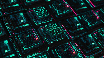 Poster - Neon boards in computer. Animation. Beautiful 3D neon boards in computer cyber space. Illuminated memory cards inside computer