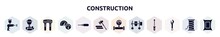 Construction Filled Icons Set. Glyph Icons Such As Spray Paint Gun, Electrician, Water Filter, Oil Gauge, Autoloader, Lumberjack, Gas Pipe, Cement Mixer, Spanner Icon.
