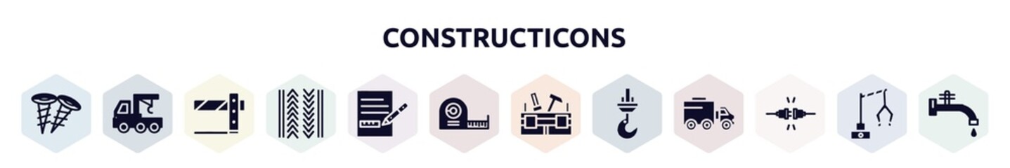 constructicons filled icons set. glyph icons such as two screws, truck with crane, road barrier, tiremark, measures plan, measuring tape, toolbox, constructions, plug for electric connection