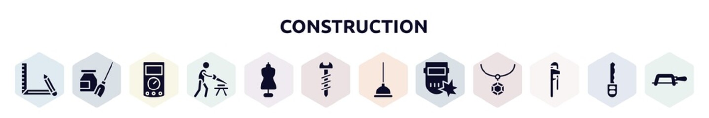 construction filled icons set. glyph icons such as drawing tool, turquoise, ammeter, carpenter, tailor, screws, plunger, weld, hand tool icon.