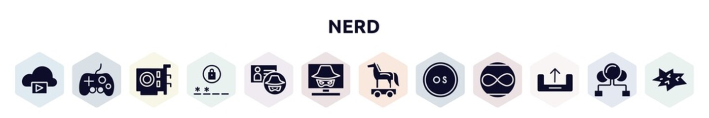 Poster - nerd filled icons set. glyph icons such as storage media, controler, vga card, passwords, identity theft, hacking, trojan horse, operating system, uploading icon.