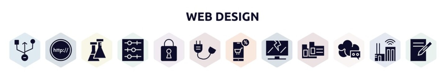 Wall Mural - web design filled icons set. glyph icons such as universal serial usb connector, http, flasks, tuning, security breach, power cable, mobile shop, broken laptop, cloud messaging icon.