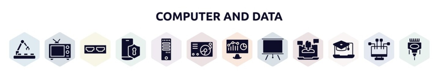 Poster - computer and data filled icons set. glyph icons such as conveyor belt, broadcasting, hdmi port, vpn, computer tower, lp player, web analytics, projector screen, online university icon.