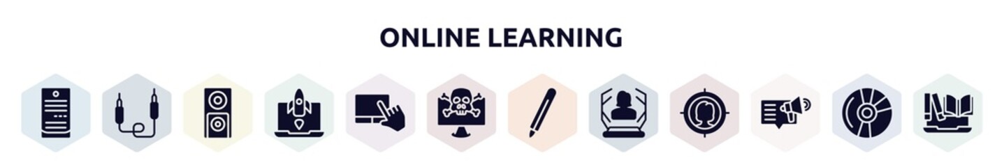 Poster - online learning filled icons set. glyph icons such as computer server, jack, dvd player, missile, touchpad, crime, digital pen, hologram, content marketing icon.