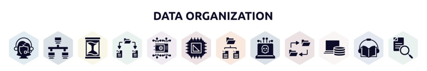 Poster - data organization filled icons set. glyph icons such as assistant, lan, sand timer, file sharing, crypto vault, processor, folder network, dangerous, computer storage icon.
