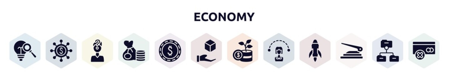 Poster - economy filled icons set. glyph icons such as finding, rudder, confusion, rich, dollar, chance, invest, visitor, puncher icon.
