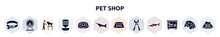Pet Shop Filled Icons Set. Glyph Icons Such As Dog Leads, Hamster Wheel, Dog And Veterinarian, Water Replenisher, Pet Bed, Big Swordfish, Dog Dish, Pet Trimmer, Terraraium Icon.