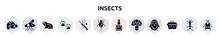 Insects Filled Icons Set. Glyph Icons Such As Boar, Mosquito, Frog, Pawprint, Cricket, Spider, Nail Polish, Mushroom, Pet Cage Icon.