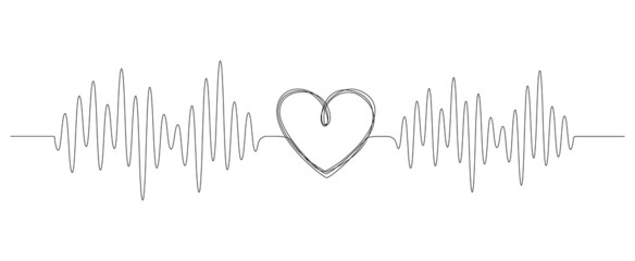 Wall Mural - One continuous line drawing of doodle heart with pulse. Sound wave romantic symbol in simple linear style. Divider shape with Editable stroke. Scribble heartbeat vector illustration
