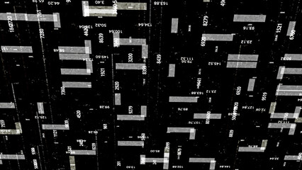 Poster - Alien communication data stream lines, seamless loop. Animation. Monochrome pattern with flowing rectangles and big numbers.
