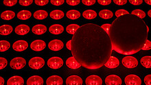 Testosterone Boost Increase, Improve Fertility, Masculine Bro Science And Recovery Balls Tanning Concept With Two Eggs On A Red Light Therapy Spotlight Lamp In A Dark Room With Copy Space