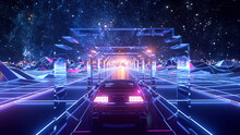Rear View Of A Car Driving On A Road Through The Desert Towards The Futuristic City On Galaxy Space Sky Background. Stock Animation. Bright Neon Colors Of An Abstract Landscape.