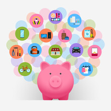 Piggy Bank And Icons Of Goods, Concept Of Money Saving And Spending