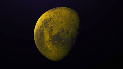Poster - Colorful abstraction of unknown yellow planet rotating on black background in space. Day and night on yellow planet, full revolution around its axis