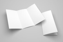 Trifold Brochure Mockup With Grey Background. 3D Illustration, 3D Rendering.