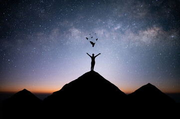 Wall Mural - Young woman traveler standing alone on top of mountain and raise both arms praying and free bird enjoying nature on beautiful night sky, star, milky way background. Demonstrates hope and freedom.