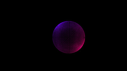 Poster - Abstract animation of rotating sphere decaying into multicolored moving particles on black background. Animation. Technology and science backdrop.