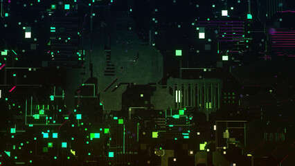 Poster - Abstract dark circuit board with many details and moving elements, seamless loop. Motion. Technological background and the visualization of data processing.