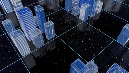 Bright beautiful neon wireframe of abstract digital city center with skyscrapers on black background. Animation. Digital technology and business concept, 3d mock up of a city street.