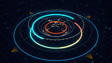 Bright Neon 3d Abstract Animation Of Circular Graph With Digits Resembling A Modern Compass Rotating On The Dark Background. Animation. Future And Innovation Concept.