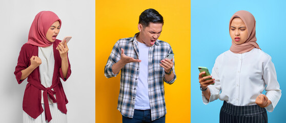 Wall Mural - Collection of angry young Asian people using mobile phone and reacting to fake news isolated on colorful background