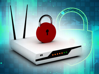 Poster - 3d rendering wifi modem with pad lock  digital background
