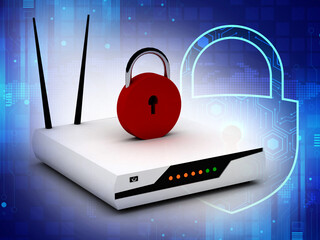 Poster - 3d rendering wifi modem with pad lock  digital background