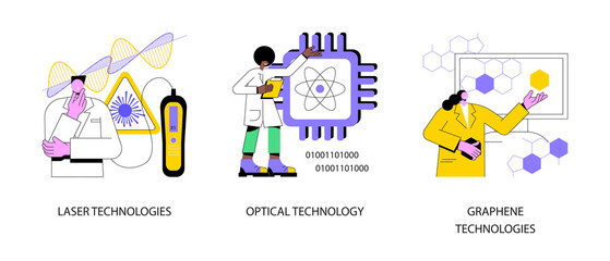 Poster - Modern science abstract concept vector illustration set. Laser and optical technology, graphene nanomaterial, innovative instruments, high-frequency sensor, quantum computing abstract metaphor.