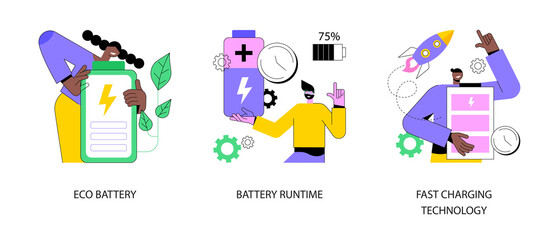 Wall Mural - Rechargeable battery abstract concept vector illustration set. Eco battery runtime, fast charging technology, energy capacity, storage technology, environmentally friendly solution abstract metaphor.