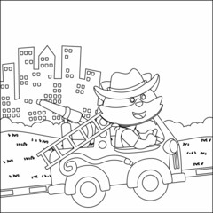 Fire rescue team with funny firefighter, vector cartoon, Cartoon isolated vector illustration, Creative vector Childish design for kids activity colouring book or page.