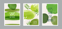 Set Of Happy Earth Day Posters And Leaves Saving The Planet. Environment Earth Day On Nature Field Grass Forest Conservation Concept Art Or Abstract. Vector Design