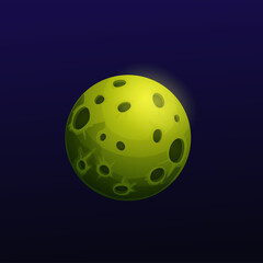 Poster - Cartoon dark green space planet with holes. Vector star of alien world universe, space game ui or gui design. Fantasy galaxy planet on dark sky background with craters and shining surface