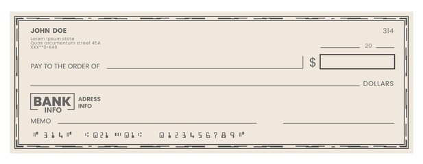 Wall Mural - blank bank check, checkbook cheque template, vector money payment voucher. bank cash pay cheque or p