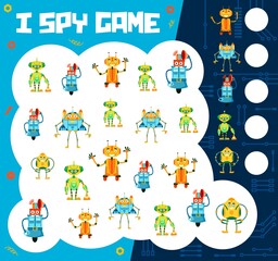 Poster - Cartoon funny robots I spy game worksheet, vector puzzle for kids. Tabletop riddle game to find and match funny robot toys, android bots and electronic cyborgs with cogwheels on motherboard