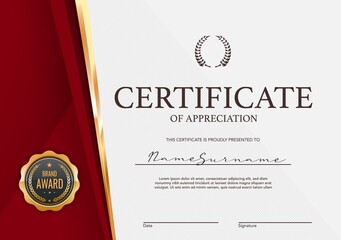 Aufkleber - Award certificate of appreciation, diploma template with frame and golden seal, vector background. Achievement and best award certificate diploma with red frame, golden wreath and star on guilloche