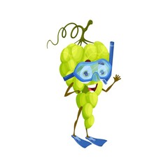 Poster - Cartoon grape character in diving mask and fins. Funny vector grapes berry personage in snorkeling or diving gear glasses, tube and flippers. Summer water recreation, holidays activity, healthy life