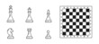 Chess piece icons and board, king, horse, queen and knight pieces of chess game. Vector chessboard with pawn and castle or bishop rook piece figures in outline for checkmate strategy game