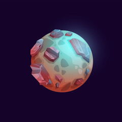 Poster - Galaxy space planet with volcano and stone surface. Alien galaxy fantastic world game design element, cartoon vector icon. Kids comic planet with rocks, canyons and mountains cliffs