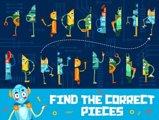 Poster - Find correct pieces of cartoon funny robots, vector match game or kids puzzle. Find similar or same part of toy robots, alien cyborgs and transformer droids, riddle game worksheet