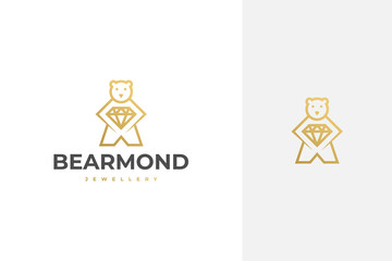 simple minimal luxury elegant bear holding a diamond, jewellery vector logo design in outline, line art style